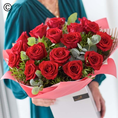12 Valentines Red Rose Hand tied